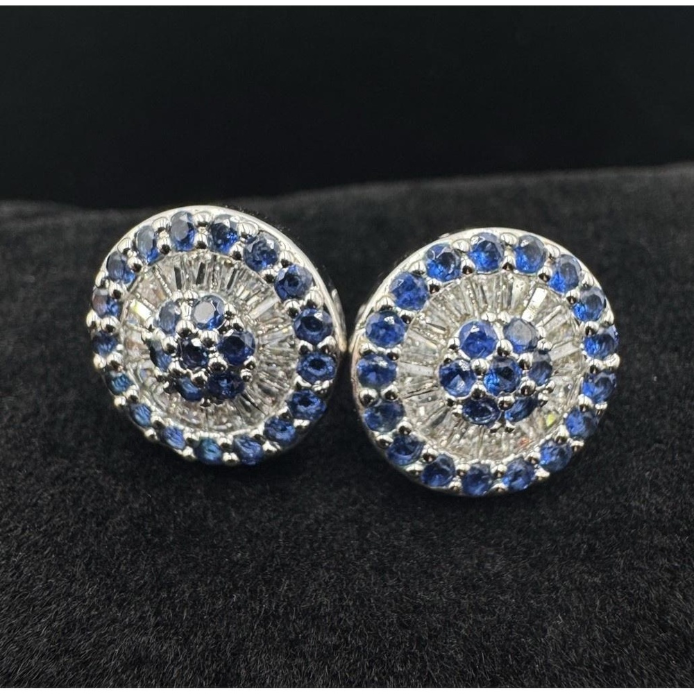 KJL Silver Tone Round Blue Clear Baguette CZ Sparkly Post Earrings